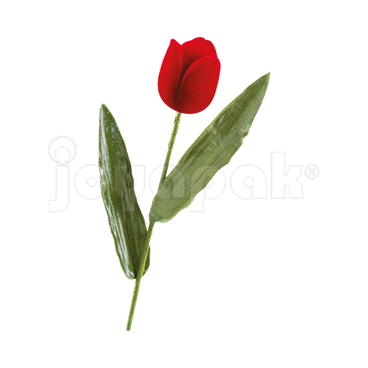 Estuche de terciopelo flocado con figura de rosa roja con tallo verde para joyería o anillo, vista frontal cerrada.