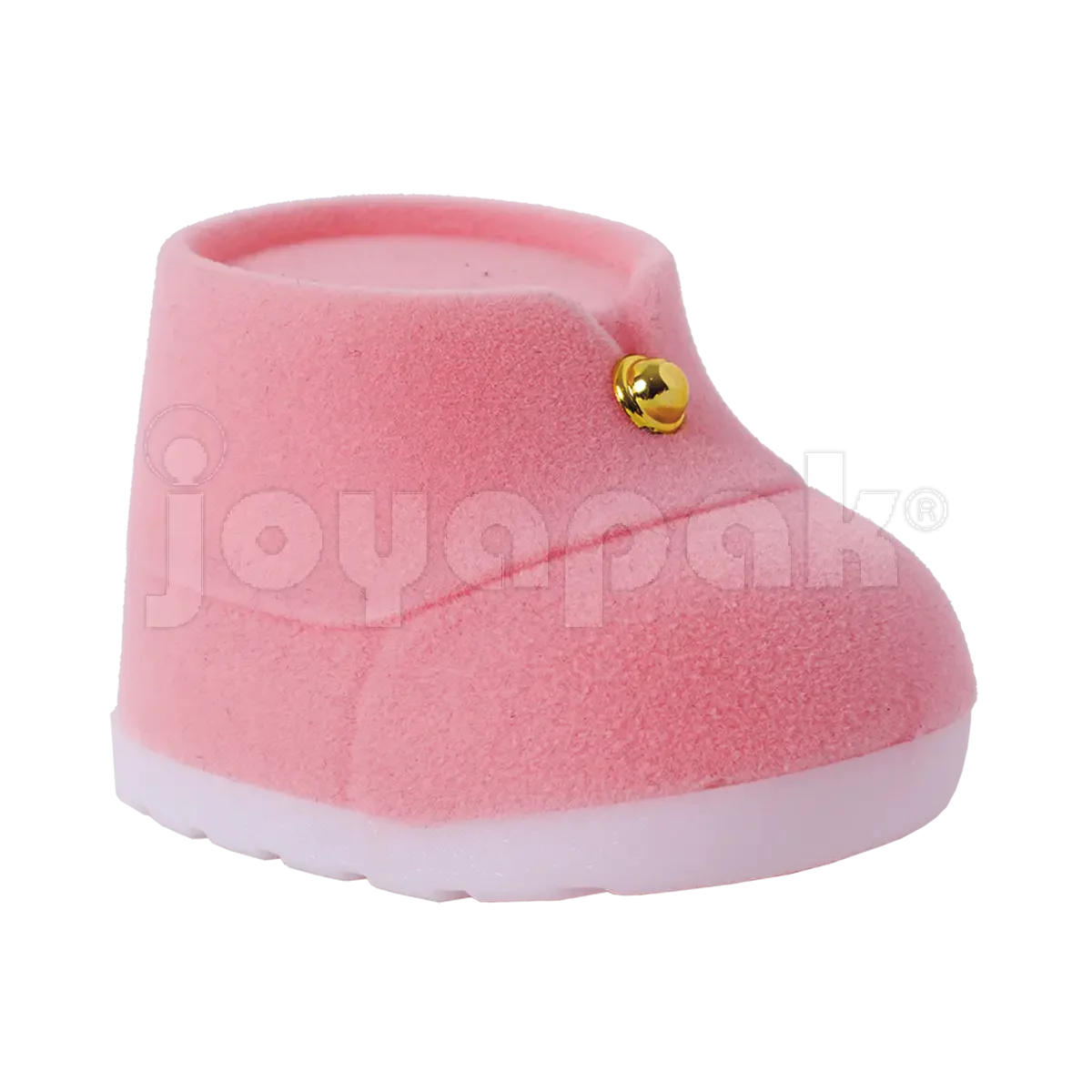 Estuche de terciopelo flocado con figura de bota de bebé rosa para joyería, vista de frente cerrada.