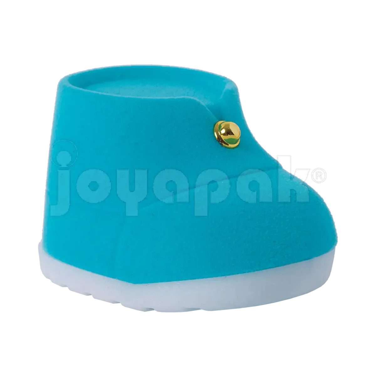 Estuche de terciopelo flocado con figura de bota de bebé azul para joyería, vista de frente cerrada.