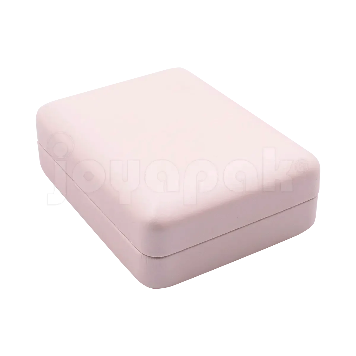 Estuche de lujo color rosa pastel con luz LED rectangular para aretes, abierto mostrando inserto negro de terciopelo vacío iluminado.