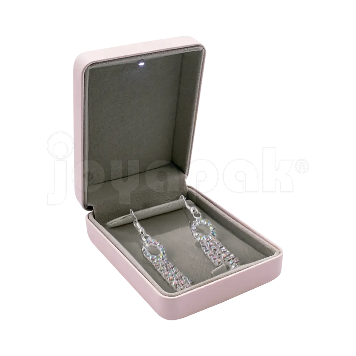 Estuche de lujo color rosa pastel con luz LED para aretes, empaque cerrado rectangular en perspectiva oblicua.