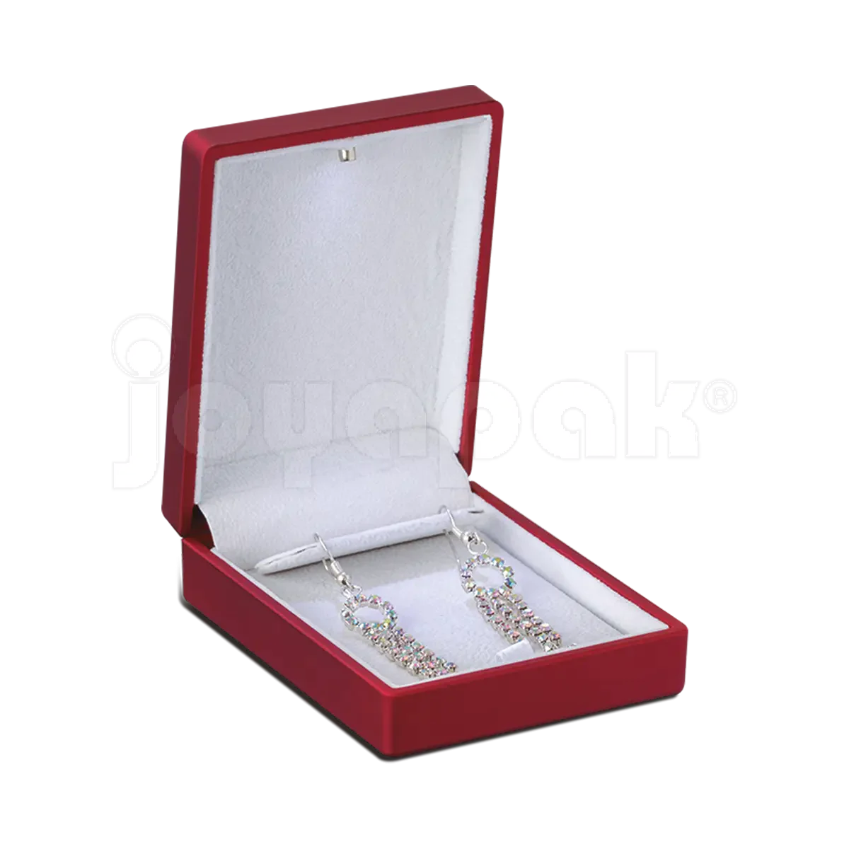 Estuche de lujo color rojo con luz LED integrada para aretes, vista de frente rectangular cerrada.