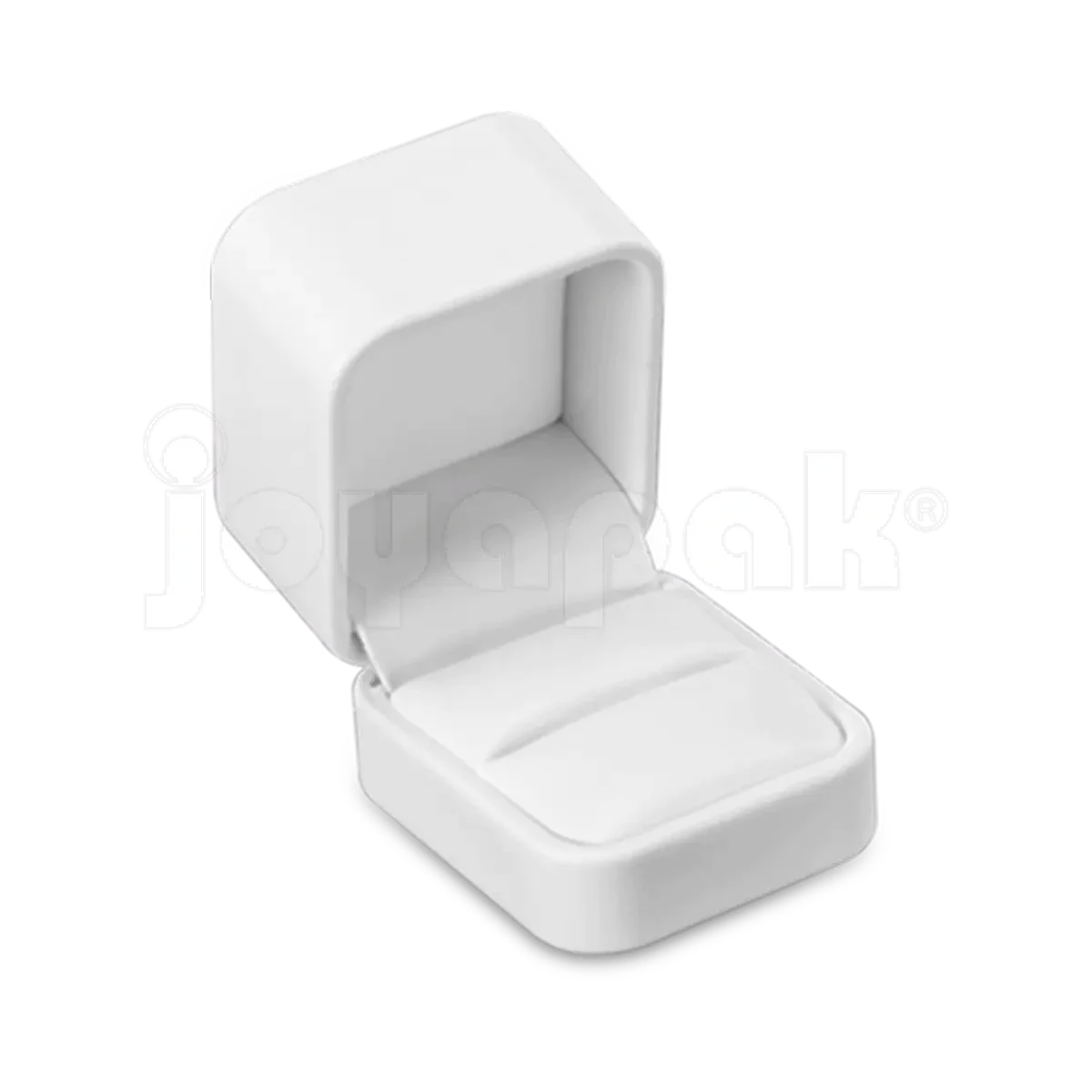 Estuche de imitación piel color blanco con detalles lineales para anillo, vista frontal cerrada.