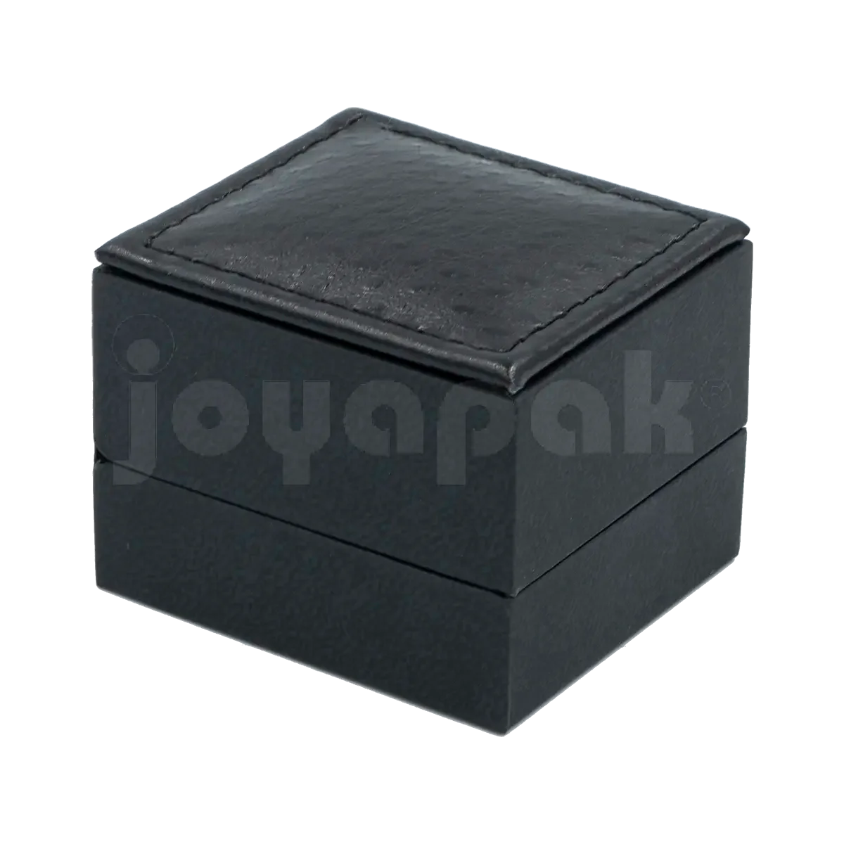 Estuche Italia de color negro con marco interior dorado pequeño para arete, vista de frente rectangular cerrada.