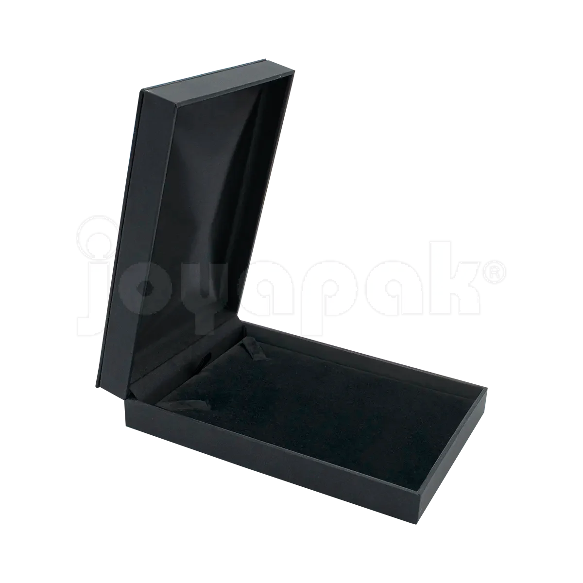 Estuche Italia de color negro con marco interior dorado rectangular para gargantilla, caja abierta mostrando el inserto de terciopelo blanco vacío con cortes para joyería.