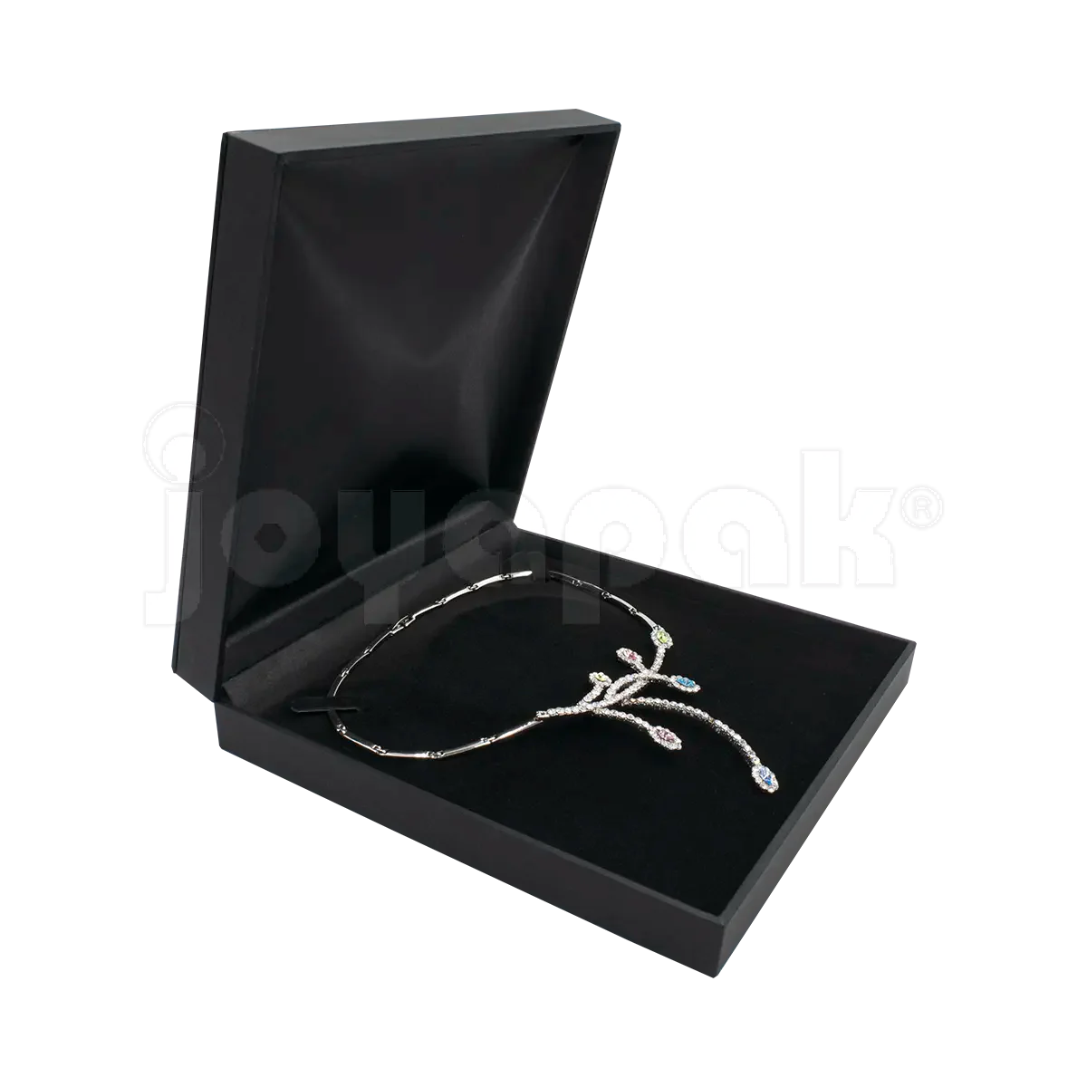 Estuche Italia para joyería collar de plástico texturizado color Negro BK cerrado.
