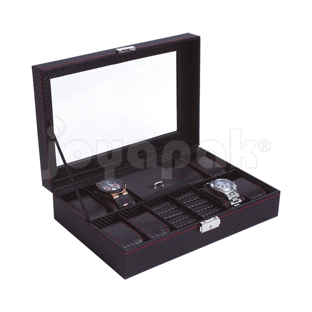 Estuche para Relojes Fibra de Carbón con Costura para 8 Relojes con Alhajero