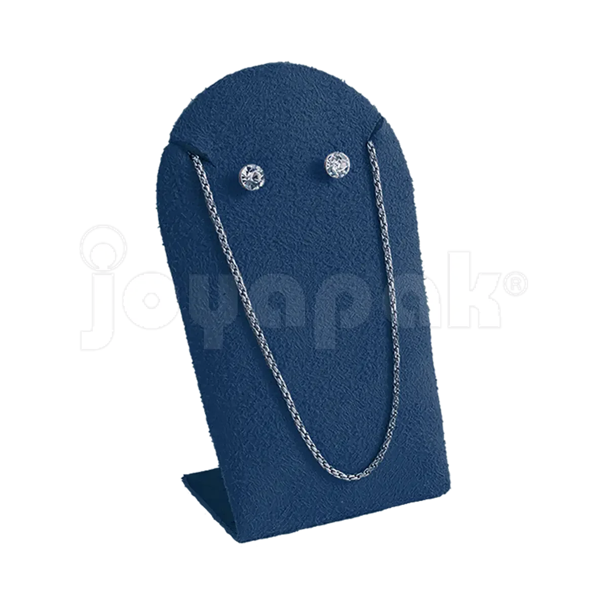 Exhibidor de madera Zafiro azul marino 6802 con juego de collar largo, vista frontal.