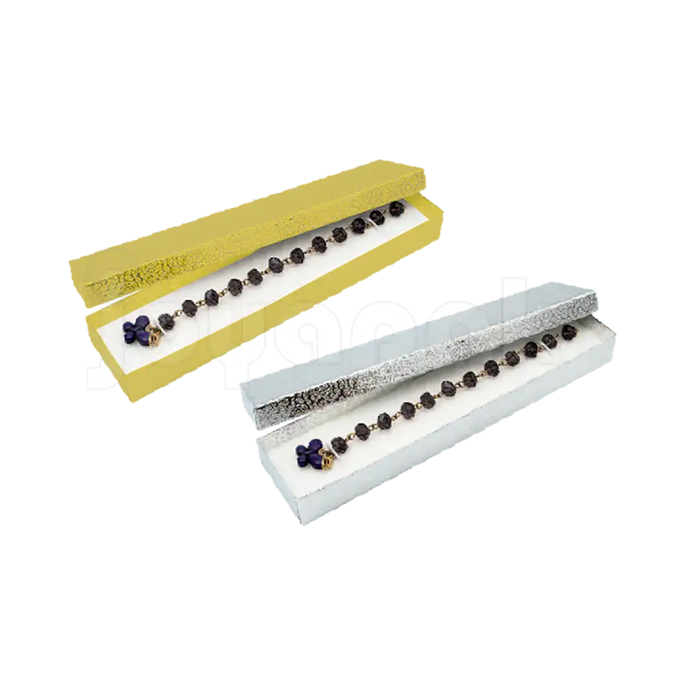 Cajas rectangulares para pulsera modelo Estrella en colores dorado y plateado, de Joyapak.
