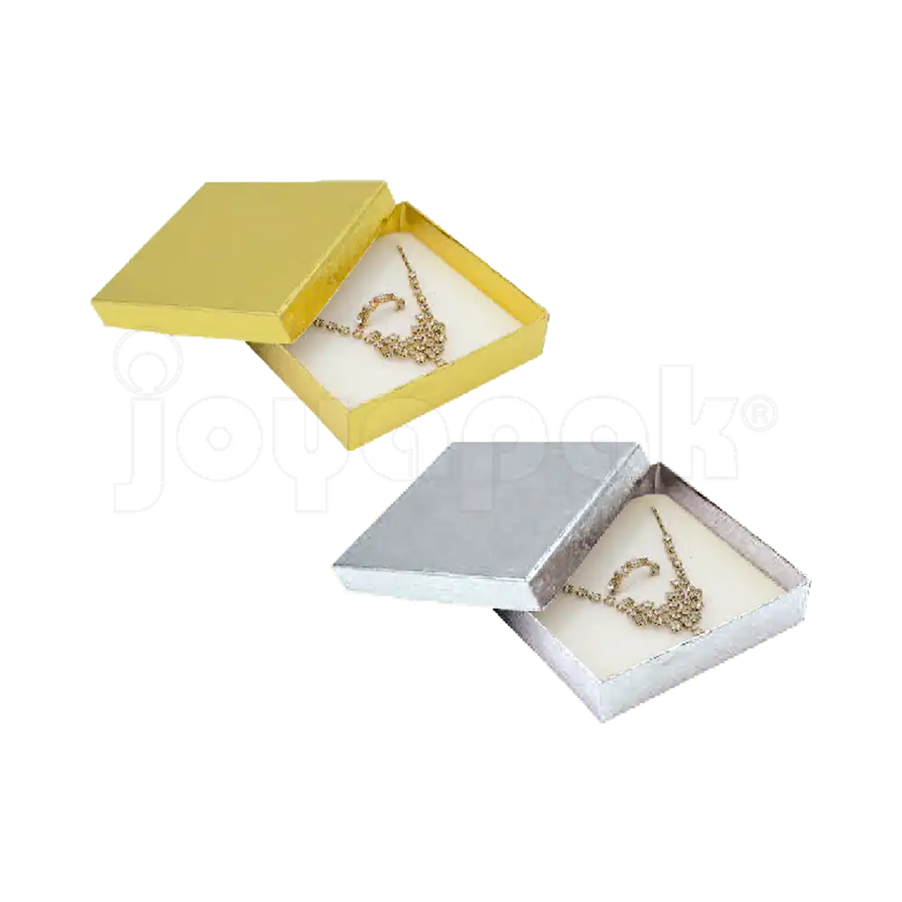 Cajas Fiore cuadradas en colores dorado y plateado para venta por mayoreo a emprendedores de joyería.