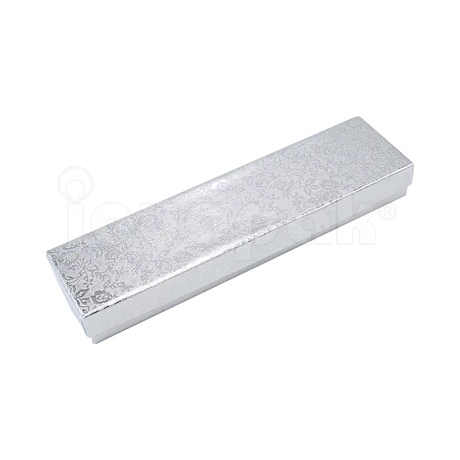 Caja para pulsera Fiore de formato rectangular en un moderno acabado plateado metalizado.