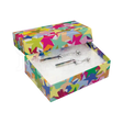 Dimensiones de la caja mediana para joyería Fancy de Joyapak, medidas 7.3 cm por 7.3 cm por 3.5 cm.