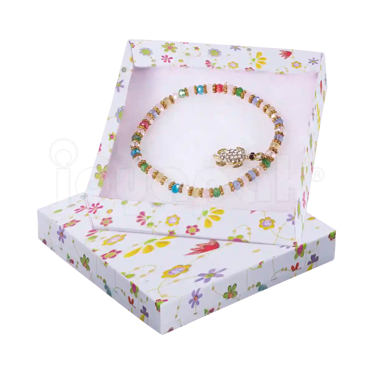 aja cuadrada para pulsera abierta mostrando el interior con inserto de algodón para proteger la joya.