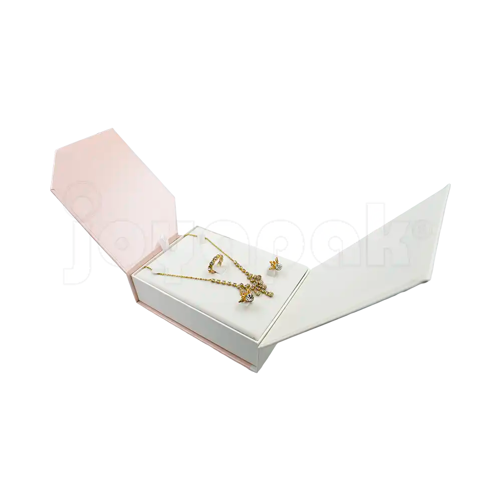 Caja de cartón Gemini para collar grande, aretes y anillo rosa con joyas