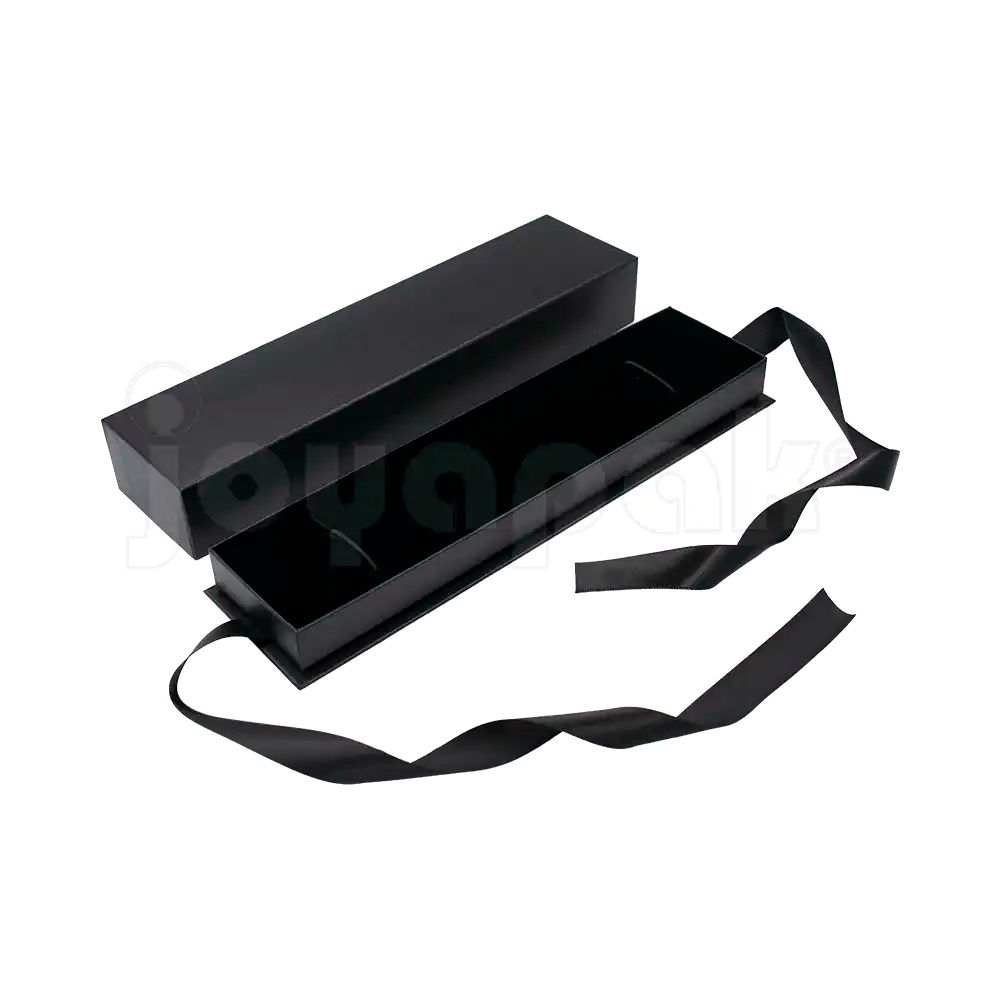 Caja Milán para pulsera de cartón rígido color Negro BK abierta con base blanca.