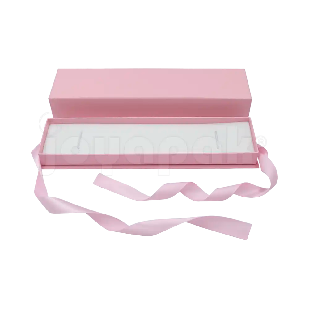 Caja Milán para pulsera de cartón rígido texturizado Rosa PK abierta de frente.