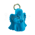 Estuche de terciopelo flocado con figura de ángel azul para joyería o bautizo, vista frontal cerrada.