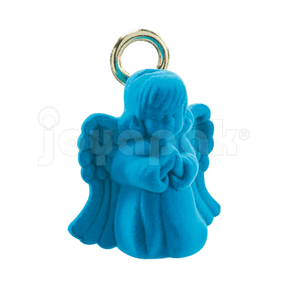 Estuche de terciopelo flocado con figura de ángel azul para joyería o bautizo, vista frontal cerrada.