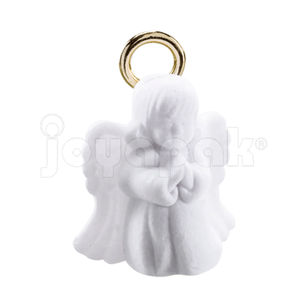Estuche de terciopelo flocado con figura de ángel blanco para joyería o bautizo, vista frontal cerrada.