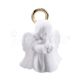 Estuche de terciopelo flocado con figura de ángel blanco para joyería o bautizo, vista frontal cerrada.