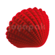 Estuche de terciopelo flocado con figura de corazón rojo acolchado para anillo, vista frontal cerrada.