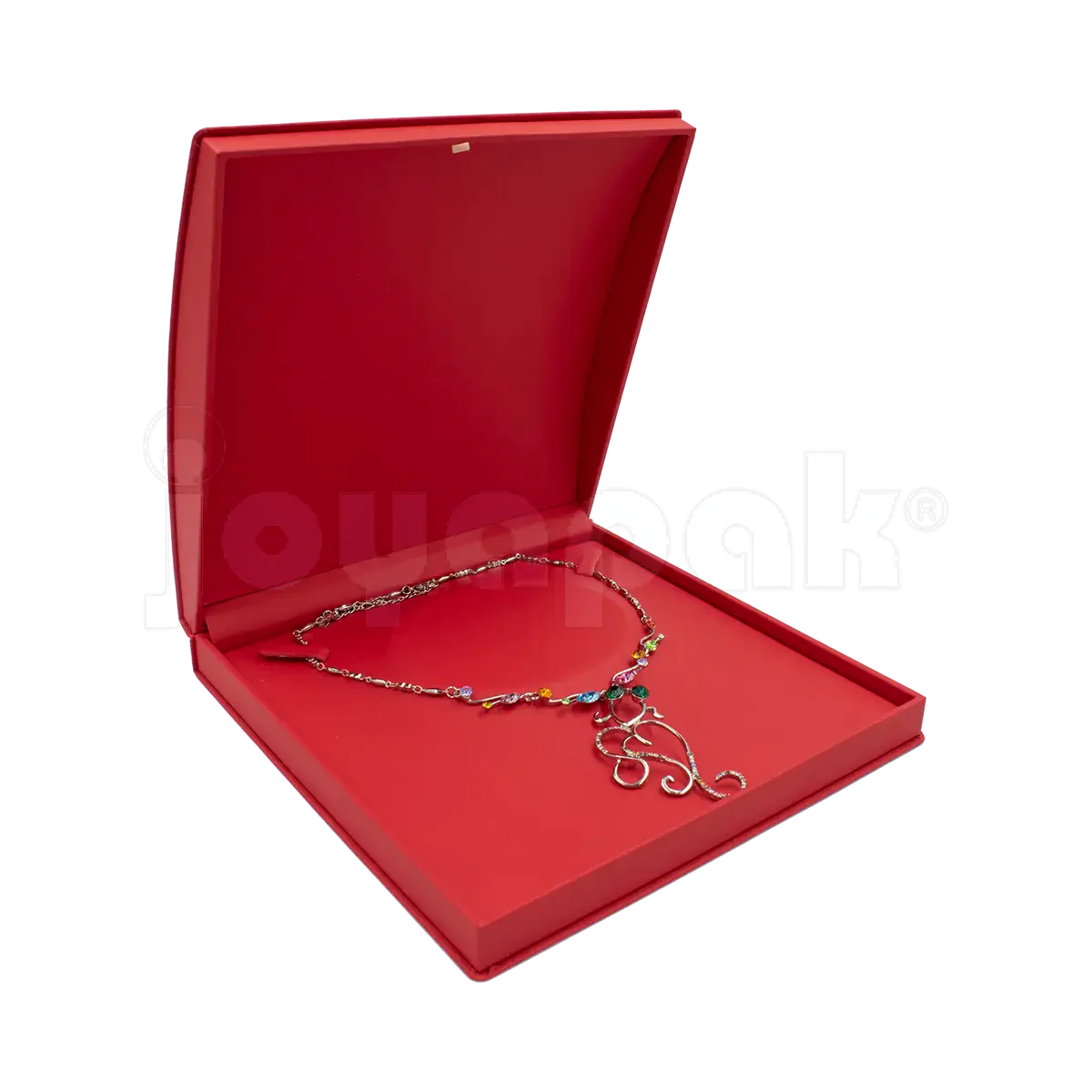 Estuche abierto mostrando joyería: collar en estuche Topacio de plástico.