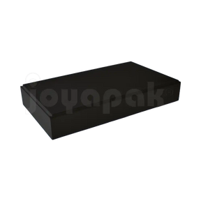 Exhibidor de terciopelo o velour negro tipo bloque rectangular alto para mostrador, vista de frente.