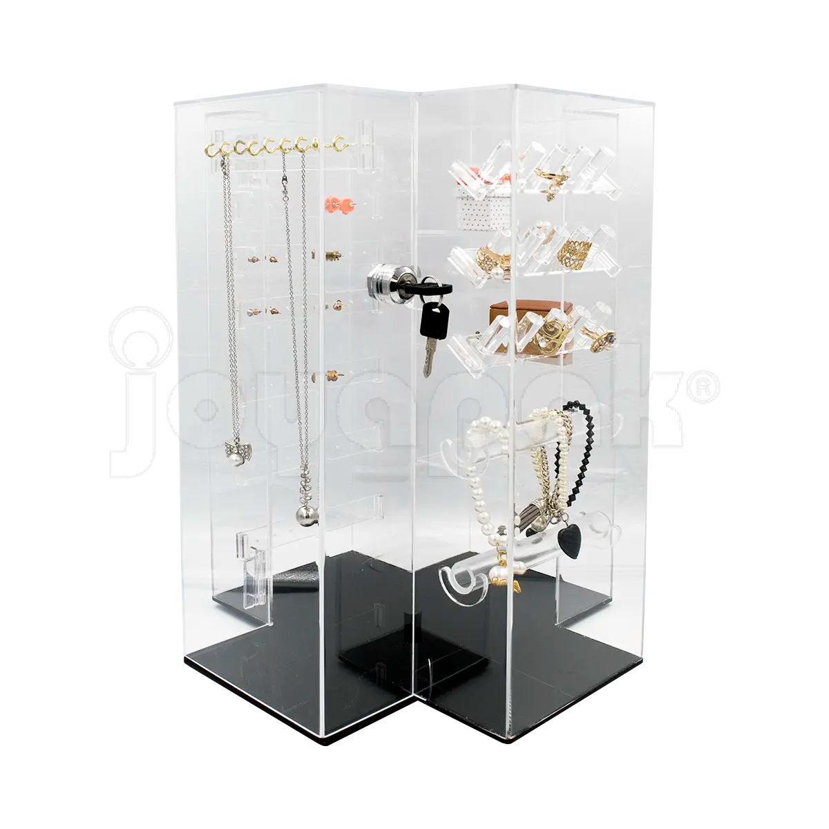 Exhibidor múltiple de acrílico tipo vitrina transparente con repisas escalonadas para joyería, vista de frente vacío.