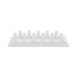 Exhibidor de imitación piel blanco con diseño de dedos para 11 anillos, vista de frente vacío.