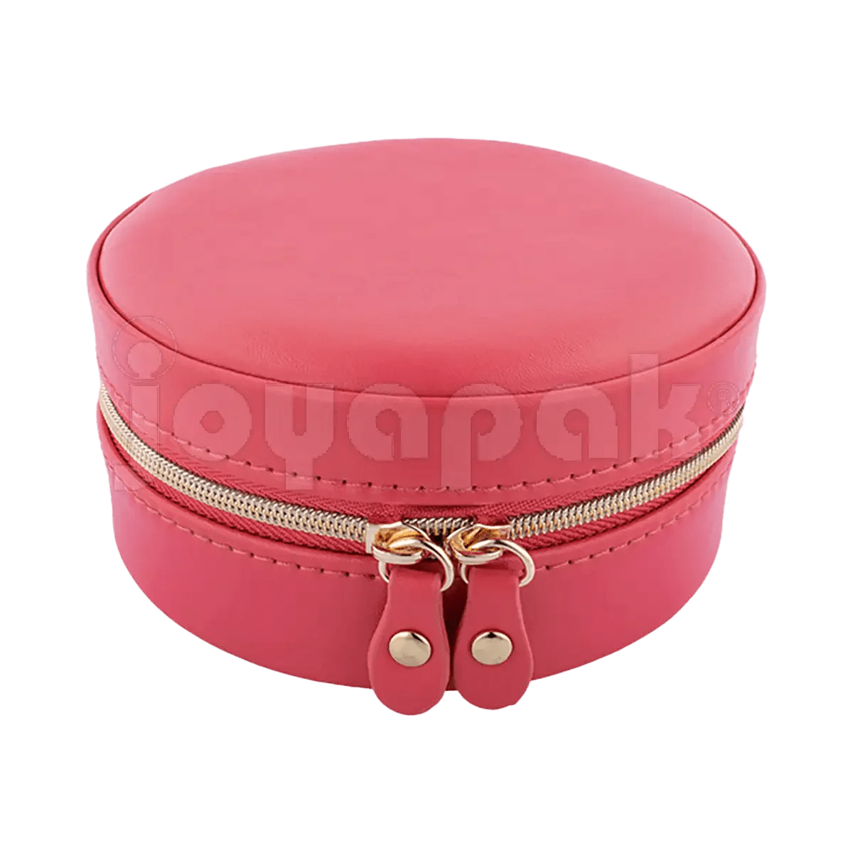 Alhajero redondo de viaje portátil de piel sintética color Coral CO abierto.