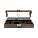Estuche de madera Negro en ángulo mostrando joyería: relojes.