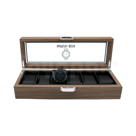 Estuche de madera Negro en ángulo mostrando joyería: relojes.