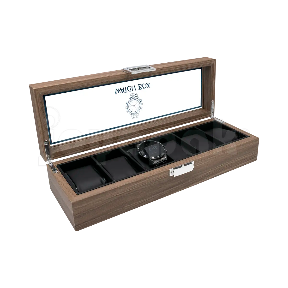Estuches de madera Negro cerrados y abiertos mostrando joyería.