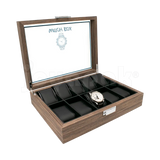 Estuche de madera Negro en ángulo mostrando joyería: diez relojes.