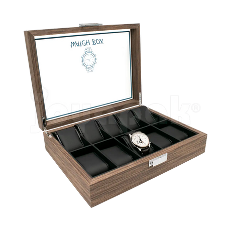 Estuche de madera Negro en ángulo mostrando joyería: diez relojes.