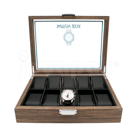Estuches de madera Negro para diez relojes abiertos y cerrados.