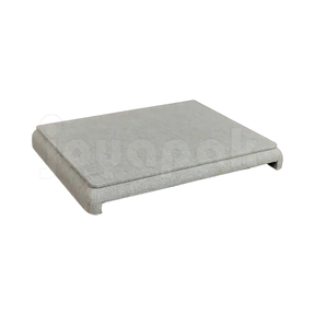 Exhibidor de lino o manta color beige con soportes tipo mesa chica para mostrador, vista frontal.