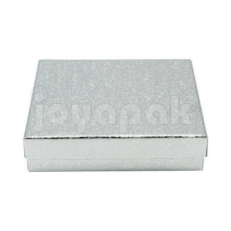 Caja cuadrada plateada para juego de joyería, ideal para regalo o venta de coordinados.