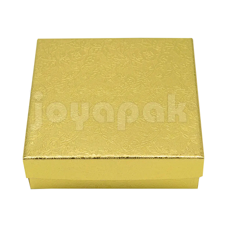 "Caja Fiore cuadrada para pulsera en color dorado con elegante acabado metalizado y diseño floral.