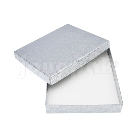 Interior de la caja Fiore plateada para collar mostrando el inserto de terciopelo con ranuras para sujetar un collar y aretes.