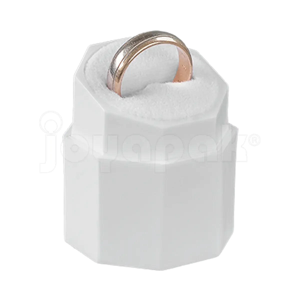Interior de terciopelo blanco en caja de plástico para anillo, venta por mayoreo en Joyapak.