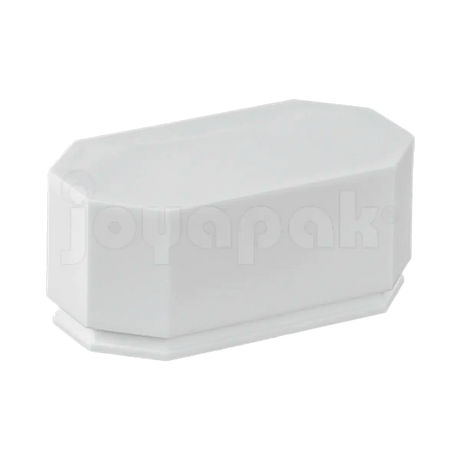 Caja exhibidor de plástico blanco para argollas, empaque profesional para joyería de bodas.