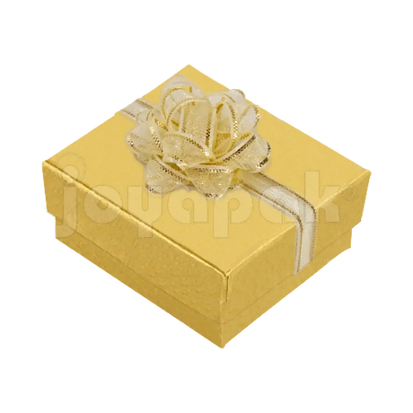 Caja de cartón color turquesa para aretes chicos de la línea Fashion con un moño decorativo en la tapa.