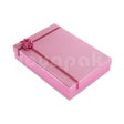 Caja de cartón para collar de la línea Fashion abierta, mostrando el interior blanco y el exterior de diseño colorido con un moño rosa en la tapa.