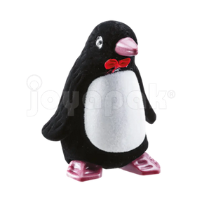 Estuche de terciopelo flocado con figura de pingüino negro y blanco para joyería, vista de frente cerrada.