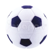 Estuche de terciopelo flocado con figura de balón de fútbol soccer azul y blanco para joyería, vista frontal cerrada.