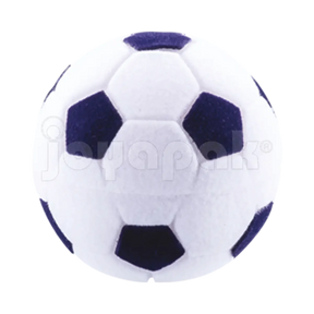 Estuche de terciopelo flocado con figura de balón de fútbol soccer azul y blanco para joyería, vista frontal cerrada.