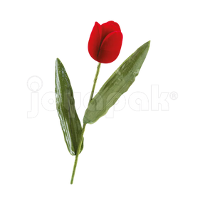 Estuche de terciopelo flocado con figura de rosa roja con tallo verde para joyería o anillo, vista frontal cerrada.