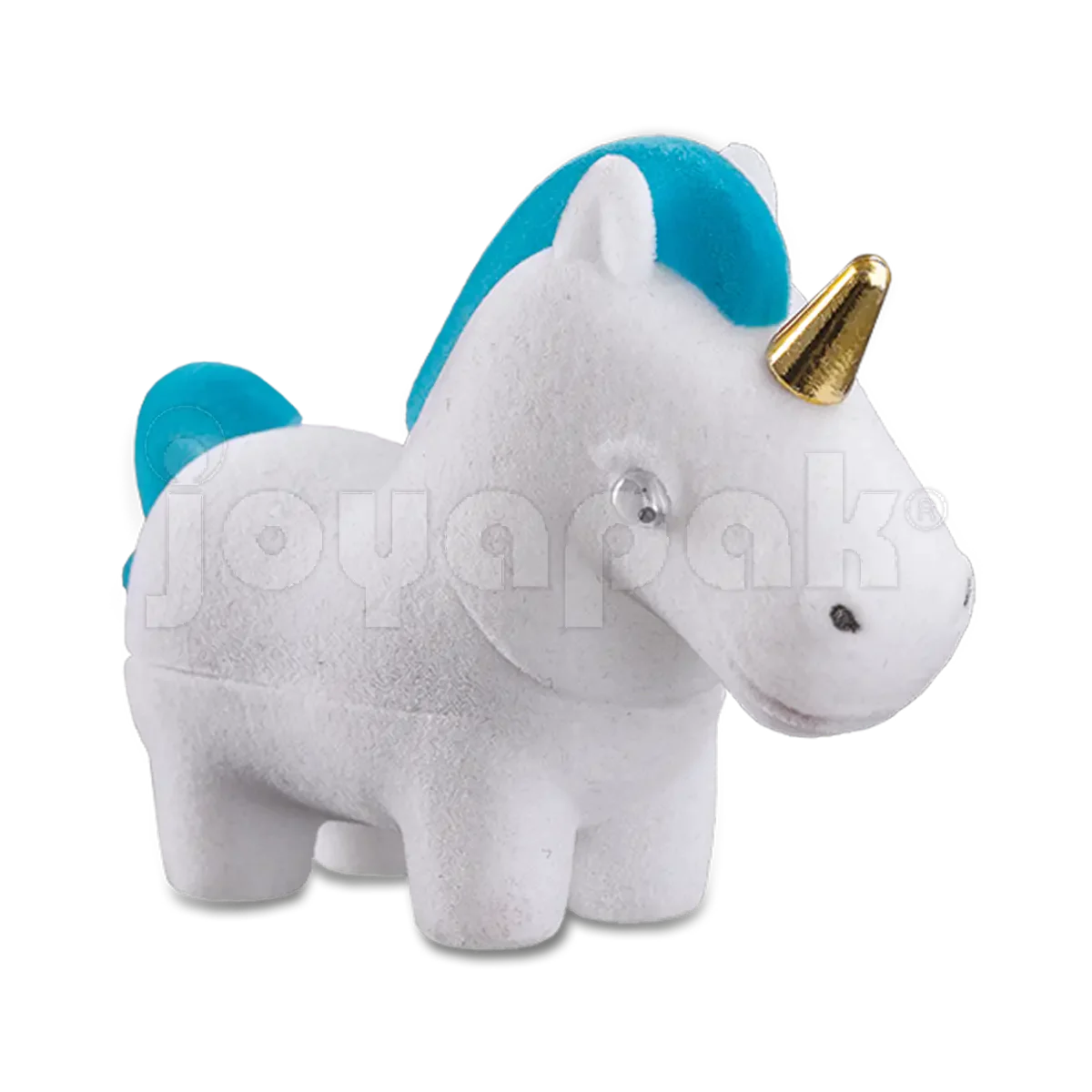 Estuche de terciopelo flocado con figura de unicornio azul cielo para joyería, vista frontal cerrada.