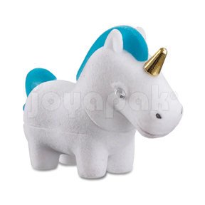 Estuche de terciopelo flocado con figura de unicornio azul cielo para joyería, vista frontal cerrada.